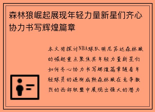 森林狼崛起展现年轻力量新星们齐心协力书写辉煌篇章
