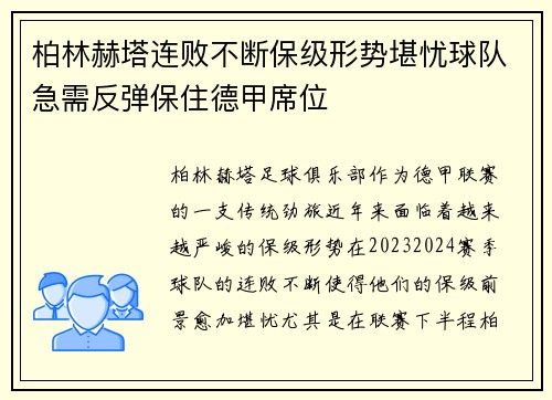 柏林赫塔连败不断保级形势堪忧球队急需反弹保住德甲席位