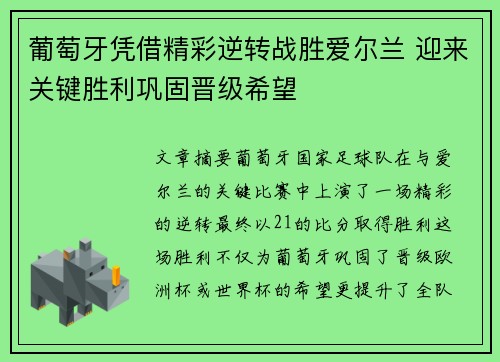 葡萄牙凭借精彩逆转战胜爱尔兰 迎来关键胜利巩固晋级希望
