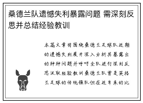 桑德兰队遗憾失利暴露问题 需深刻反思并总结经验教训