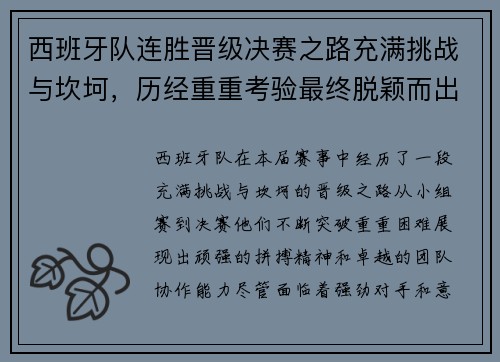西班牙队连胜晋级决赛之路充满挑战与坎坷，历经重重考验最终脱颖而出