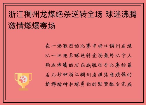 浙江稠州龙煤绝杀逆转全场 球迷沸腾激情燃爆赛场