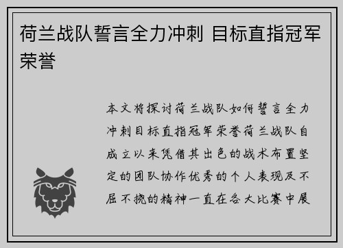 荷兰战队誓言全力冲刺 目标直指冠军荣誉