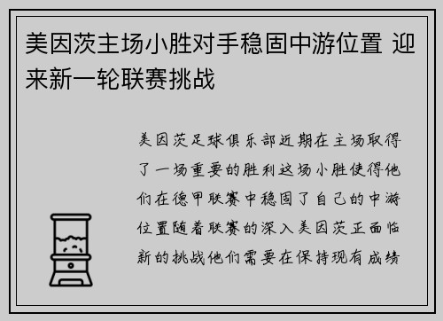 美因茨主场小胜对手稳固中游位置 迎来新一轮联赛挑战