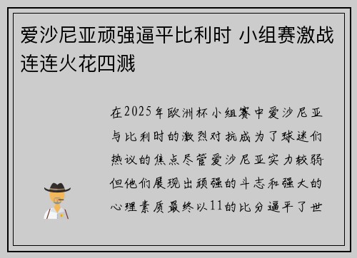 爱沙尼亚顽强逼平比利时 小组赛激战连连火花四溅