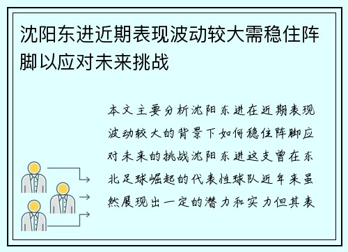 沈阳东进近期表现波动较大需稳住阵脚以应对未来挑战