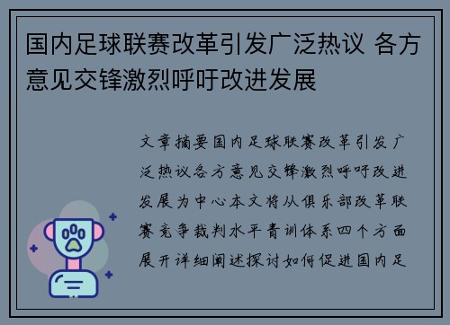 国内足球联赛改革引发广泛热议 各方意见交锋激烈呼吁改进发展