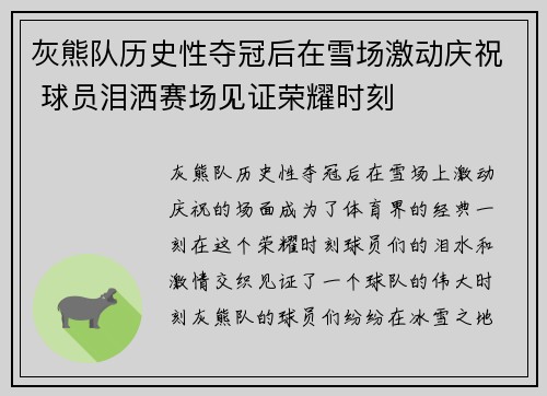 灰熊队历史性夺冠后在雪场激动庆祝 球员泪洒赛场见证荣耀时刻