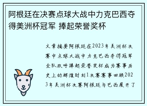阿根廷在决赛点球大战中力克巴西夺得美洲杯冠军 捧起荣誉奖杯